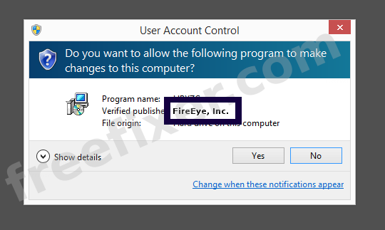Screenshot where FireEye, Inc. appears as the verified publisher in the UAC dialog